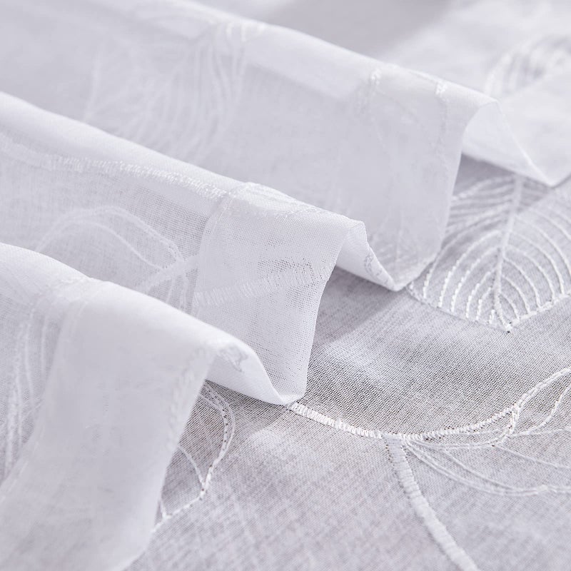 Topick White Sheer Leaf Curtain Kitchen Valance for Windows Leaf Embroidered Voile Small Curtain Valance Semi Sheer Farmhouse Curtain 18 Inch Rod Pocket 1 Panel White - Image 5